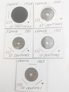 lot 293 image: French 10 Centimes 1856 A (worn) , 1927, 1931, 1935 plus 1926 25 Centimes