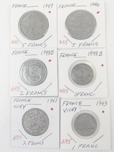 lot 295 image: French (Vichy) 1943 1 Franc and 2 Francs, 1948 B 1 Franc and 2 Francs, 5 Francs 1946, 1949