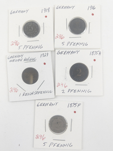 lot 296 image: Germany 1875 A 2 Pfennig, 1875 F 5 Pfennig, 1929 1 Reichspfennig, 1916 and 1918 5 Pfennig