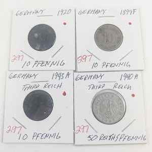 lot 297 image: Germany 1899 F 10 Pfennig, 1920 10 Pfennig, Third Reich 1943 A 10 Pfennig, 1940A 50 Pfennig