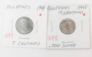 lot 299 image: Philippines Silver 1944-D 10 Centavos, 1944 5 Centavos