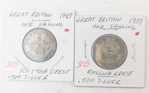 lot 303 image: Great Britain Silver 1939 English Crest Shilling, 1943 Scottish Crest Shilling