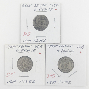 lot 305 image: Great Britain Silver 1935, 1939, 1942 6 Pence