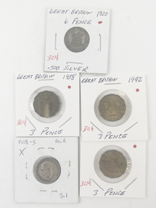 lot 304 image: Great Britain Silver 1920, 1921 6 Pence plus 1938, 1942, 1943 octagon 3 Pence