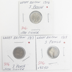 lot 306 image: Great Britain Silver 1917, 1918, 1926 3 Pence