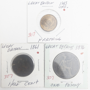 lot 307 image: Great Britain Copper 1861 half cent, 1896 large cent, 1943 uncirculated Farthing