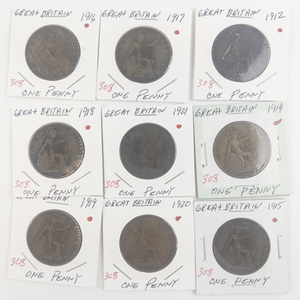 lot 308 image: Great Britain Copper 1912, 1914, 1915, 1916. 1917, 1918, 1919, 1920, 1921 large cents