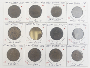 lot 309 image: Great Britain Copper 1915, 32, 40, 1958 Half Cents 1930, 38, 39, 40, 45, 46, 48, 49, Large Cents
