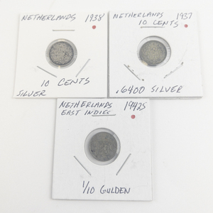 lot 312 image: Netherlands Silver 1937, 1938 10 Cents, 1942-S Netherlands East Indies 10 Cents