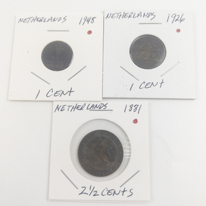 lot 313 image: Netherlands Copper 1881 2 12 cents, 1926 1 cent, 1948 1 cent