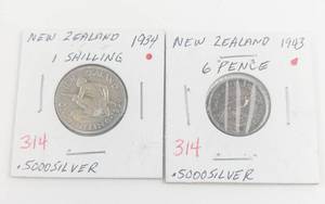 lot 314 image: New Zealand Silver 1934 1 Shilling, 1943 6 Pence