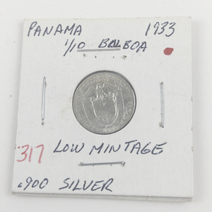 lot 317 image: Panama Silver 1933 110 Balboa,  worn but low Mintage Scarce coin