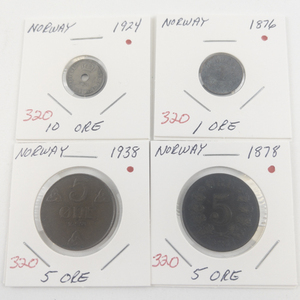 lot 320 image: Norway 1878 5 Ore, 1938 5 Ore, 1876 1 Ore, 1924 10 Ore