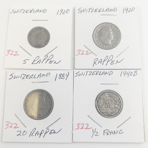 lot 322 image: Switzerland Silver 1940 B 12 Franc plus 1884 20 Rappen, 1920 20 Rappen, 1920 5 Rappen