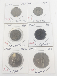 lot 323 image: 100 years of Italy 1923 2 Lire, 1922 1 Lire, 1909 and 1919 50 Centimes plus 1934 10 Centimes