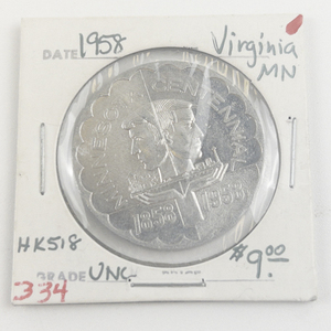lot 334 image: 1858-1958 Minnesota Centennial Medallion Iron Nickel, Virginia, Minnesota HK-518