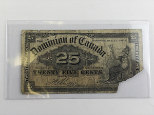 lot 259 image: Canadian Series 1900 Fractional Currency (25 Cents) -Torn Corner