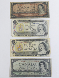 lot 289 image: Canadian Currency Series 1954 2 dollar bill, 2) Series 1973 1 dollar bills & Series 1954 1 Dollar Bill.