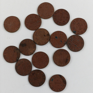 lot 331 image: Group of OPA  tokens 1944-1945 used to as change for food purchased with ration stamps