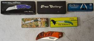 lot 17 image: (1) Navy Seal Tactical (1) Frost - Pearl Handle (1) Frost Cutlery - Mini Muskrat (1) Cat Cub (1) The Vulture II (1) Tac Assault - Orange Handle
