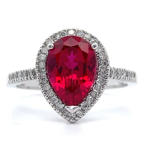lot 12 image: NEW 0.15 Carat Natural Diamond & Lab-Grown Ruby Pear Halo Ring in 14k White Gold VIDEO
