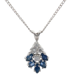 lot 13 image: Blue Sapphire & Natural Diamond Cluster Flower Pendant Necklace in 14k White Gold VIDEO