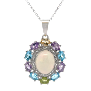 lot 25 image: NEW White Opal & Semi-Precious Gemstone Oval Cluster Pendant Necklace VIDEO