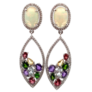 lot 25A image: NEW White Opal, Diamond & Gemstone Cluster Dangle Earrings VIDEO