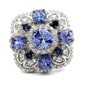 lot 39 image: NEW Tanzanite & Diamond Cluster Flower Ring VIDEO