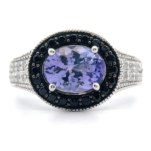 lot 41 image: NEW White Sapphire & Imitation Tanzanite PavOval Halo Ring VIDEO