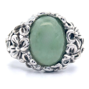 lot 58B image: Oval Cabochon Mint Green Jade Ornate Flower Ring VIDEO