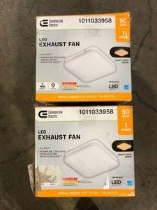 lot 25 image: Lot of Commercial Electric 50 CFM Ceiling Mount Room Side Installation Bathroom Exhaust Fan with Adjustable Color Temperature LED and Night Light    Customer Returns See Pictures