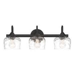 lot 37 image: Minka Lavery 23.25 in. 3-Light Matte Black Vanity Light with Clear Hammered Glass, No Bulbs Included    Customer Returns See Pictures