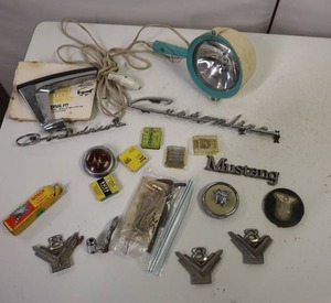 lot 15 image: LOT of VINTAGE CAR PARTS - TRIM PIECES - Mustang, Overdrive, V8, Emblems, MORE