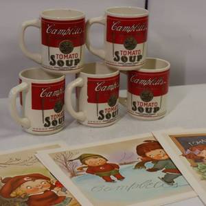 lot 21 image: AUTHENTIC VINTAGE CAMPBELLS SOUP MUGS  Plus, some vintage soup prints...