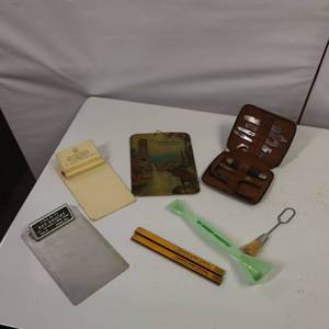 lot 26 image: LOT OF VINTAGE OFFICE SUPPLIES, TOOLS AND even a really cool, very old thermometer with a MOOSE on it