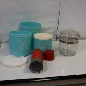 lot 27 image: VINTAGE KITCHEN - flour sugar containers, thermos and an old fashioned pyrex coffee percolator
