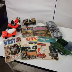 lot 43 image: Vintage car magazines, vintage plastic trike, plus other models