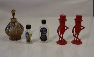 lot 47 image: RARE VINTAGE COLOGNE - SMALL BOTTLES - RADIO GIRL AND EVENING IN PARIS  2 Mr. Peanut salt and pepper figurines