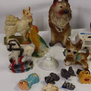 lot 60 image: Large Lot of Figurines -VINTAGE - Dogs, cats, favorite pets and an antique Cast Iron Woodpecker