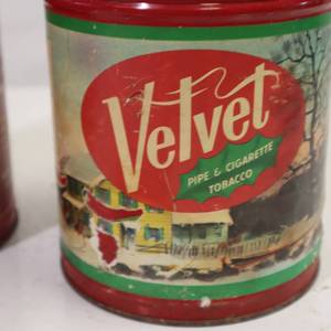 lot 63 image: Vintatge Lot of 3  Velvet Pipe and cigarette tobacco tins from 50s to 60s (empty) Includes lids