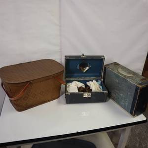 lot 65 image: Picnic basket, case and baby shoesclothes - all Vintage