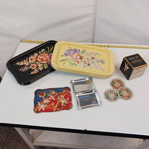 lot 81 image: LOT of Vintage METAL SERVING - Crafting Trays - Litho Tea Tray - Girls As Kittens - Wrought Iron Perfume Burner & More