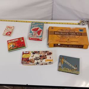 lot 91 image: Vintage Toy and Hobby LOT - Metal BLONDIE Paint Tin - Irwin Mechanical Butterfly, Model Firefighter Kit - NIP