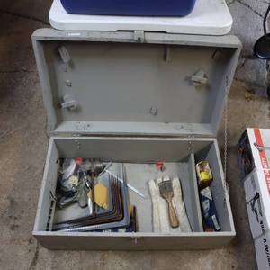 lot 123 image: Large Wood Tool Chest - Trunk wmisc tools and garage stuff included