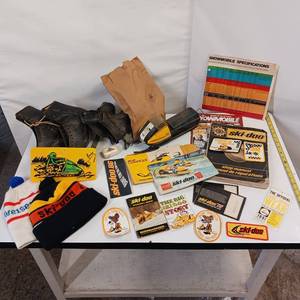 lot 6 image: Vintage Ski-Doo Snow Machine LOT - Manuals, Sled Model (DIY), Patches, Vintage Sled Paperwork - Spec Sheet & Ice Skates