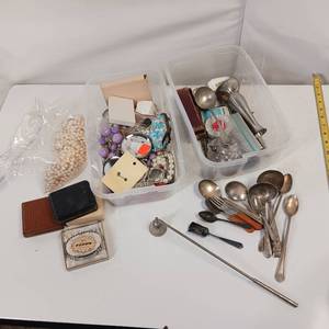 lot 105 image: Lot of Vintage Buttons, Costume Jewelry, Silver Plated Silverware and an antique candle snuffer