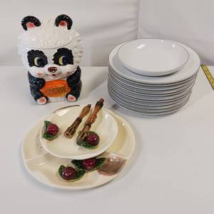 lot 107 image: Vintage Panda Cookie Jar - Snack plate tower - Nice set of Dishes