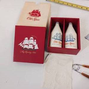 lot 126 image: Remember when OLD SPICE was $2.20 Full bottles - Set  Bakelite Handles - Meat Carving Tool set