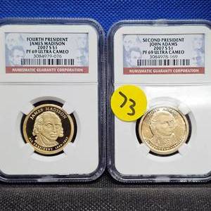 lot 73 image: John Adams and James Monroe Ultra Cameo, PF69 $1 Coins